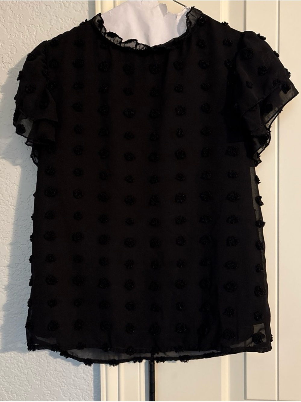 SHEIN Black Dot-Texture Flutter Sleeve Blouse